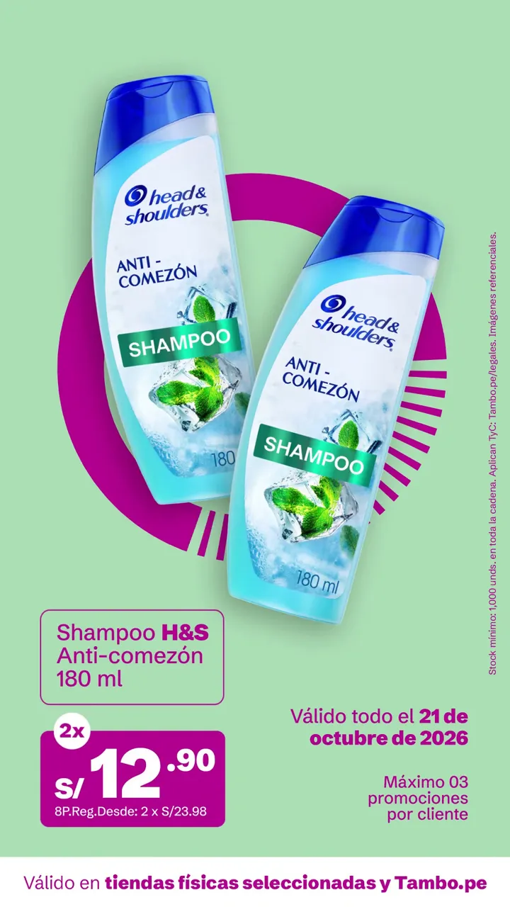 Tarjeta de Tambo: Shampoo H&S Anti-comezón 180 ml, 2x S/ 12.90