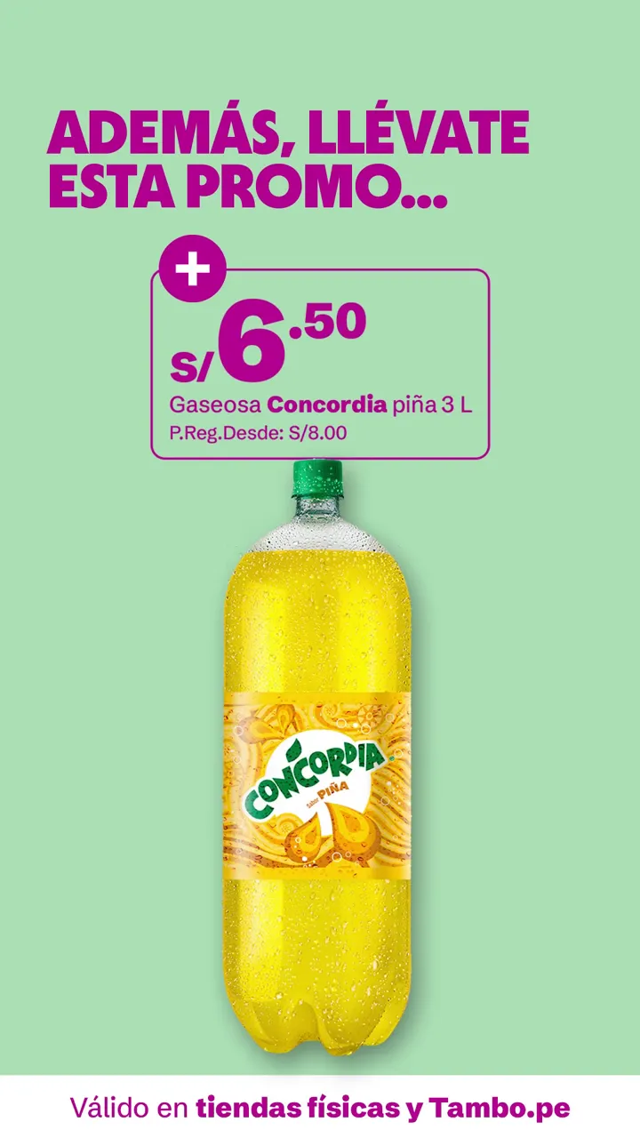 Tarjeta de Tambo: Gaseosa Concordia piña 3 L, + S/ 6.50